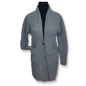 EUC Uniqlo‎ Wool Knit Long Cardigan Open Front Pockets Blue XS